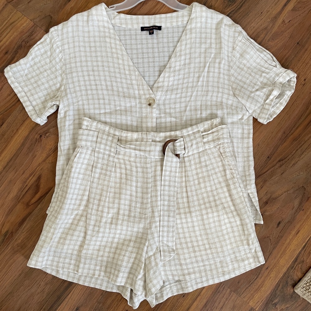Gingham Buttoned Top and Belted Shorts Two Piece Set